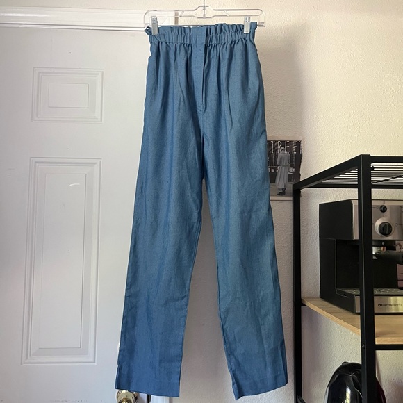 NWOT CHARINA SARTE blue chambray denim paperbag high rise tapered cropped pants